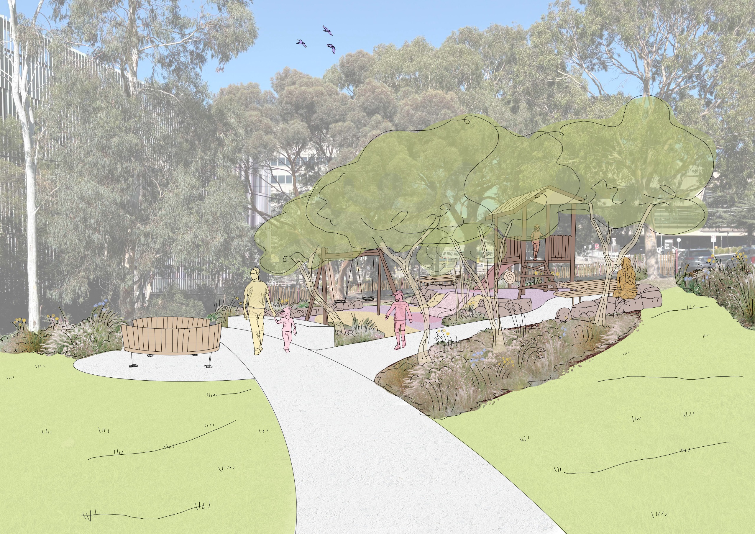 After: An artist drawing of Powlett Street Reserve looking towards Burgundy Street. The drawing includes a proposed playground, new seating and plantings