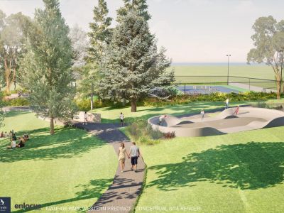 Artists render showing pump track, paths and open space with the netball courts in the background.