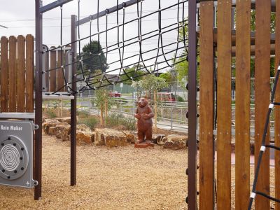 Photo of James Reserve showing the new play equipment and wooden sculpture